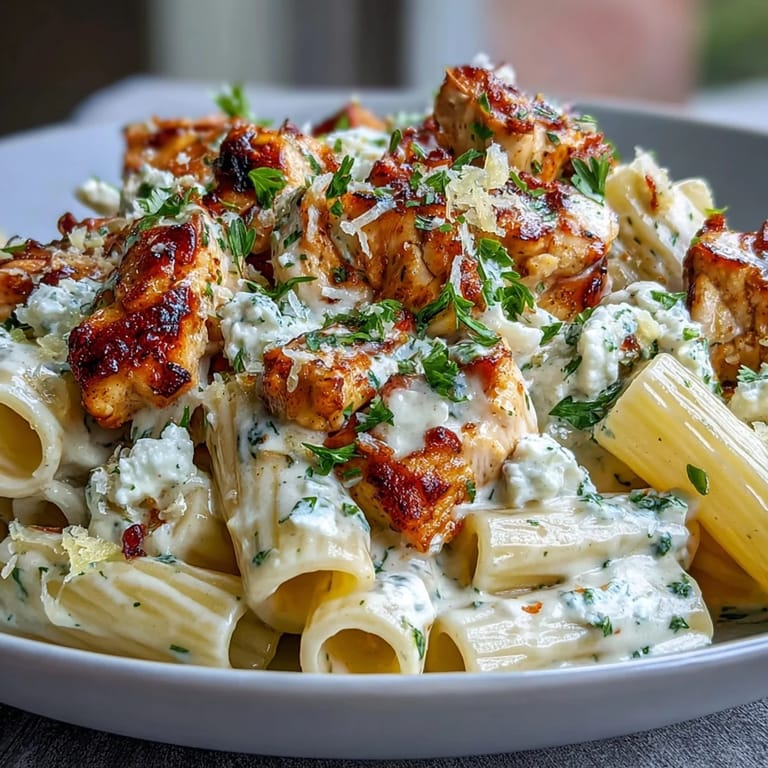 Close-up of Creamy Lemon Feta Chicken Pasta highlighting creamy sauce, feta crumbles, and golden chicken pieces.