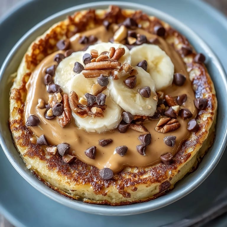 A warm Peanut Butter Cup Protein Pancake Bowl topped with sliced bananas and chopped peanuts for breakfast.