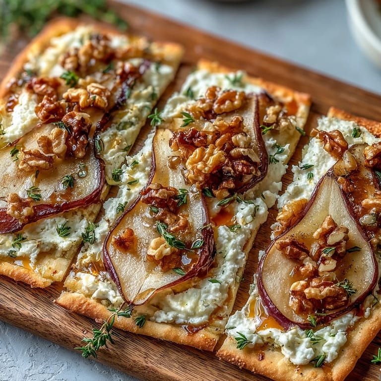 Serving suggestion for Goat Cheese & Pear Flatbread with hot honey drizzle, fresh thyme, and sliced pears on a slate platter.