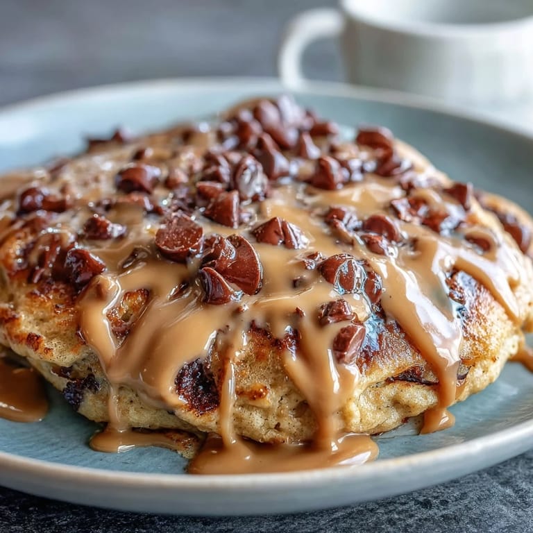 A spoon-ready Peanut Butter Cup Protein Pancake Bowl topped with creamy peanut butter drizzle and chopped peanuts.