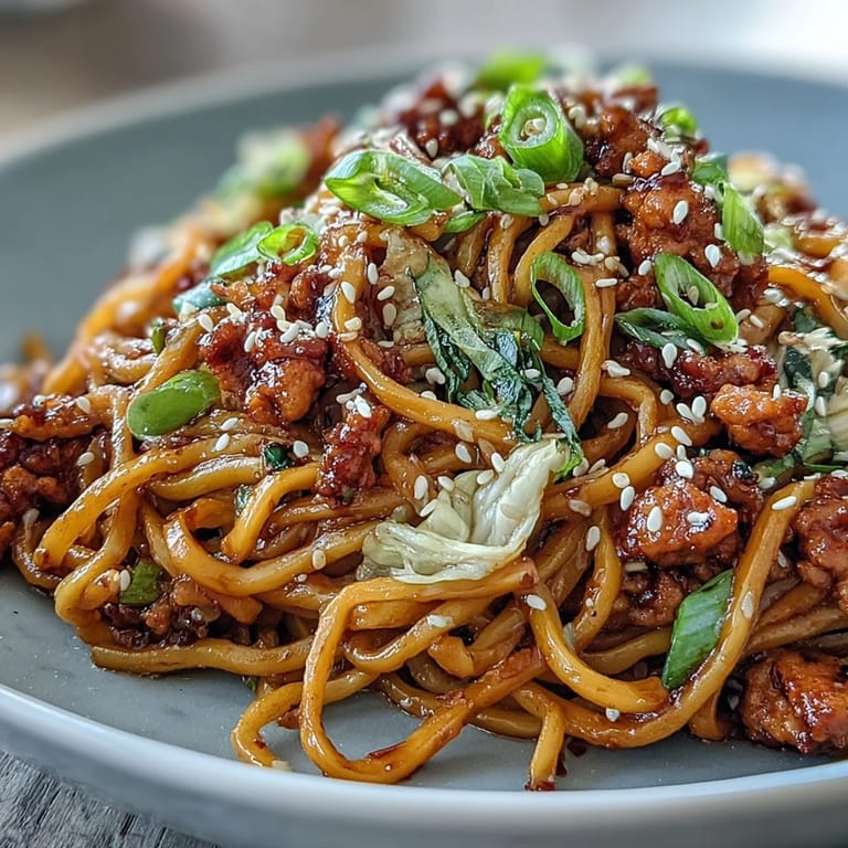 Colorful Korean Turkey Fried Noodles in a skillet, garnished with green onions, paired with a light lager for dinner.