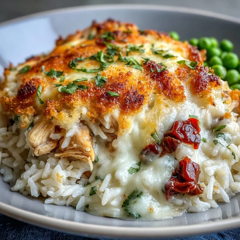 Close-up of Creamy Garlic Chicken & Rice Casserole with bubbly mozzarella and golden breadcrumbs, paired with a fresh green salad.