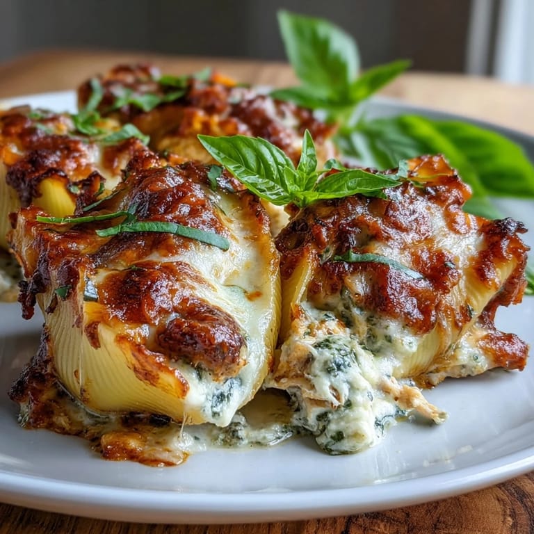 Golden-brown Pesto Lasagna Stuffed Shells filled with ricotta, chicken, and pesto, served with a side salad.