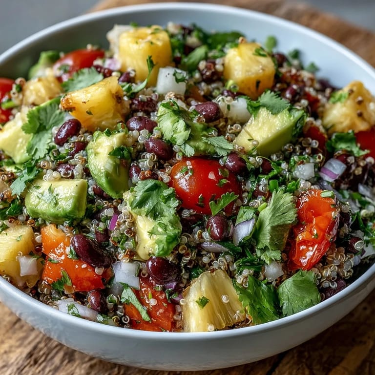 Colorful platter of Tropical Quinoa Salad with Pineapple and Black Beans, ready to serve as a refreshing vegan side.