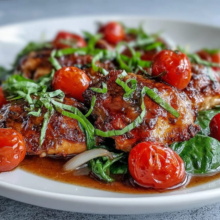 Close-up of One-Pan Balsamic Chicken with juicy tomatoes, fresh spinach, and a rich, glossy pan sauce ready to serve.