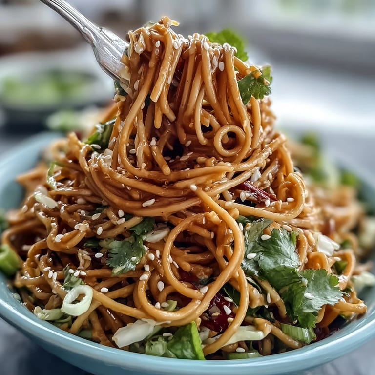 Fresh and zesty spicy peanut soba noodle salad featuring crisp red and green cabbage, carrots, and bell peppers for a satisfying crunch.
