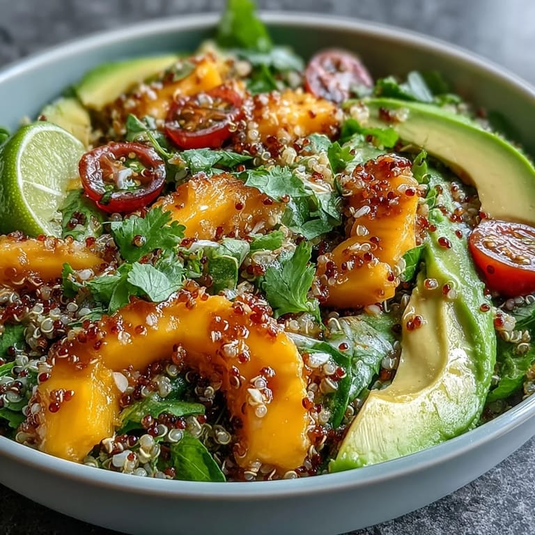 A vibrant summer salad with sweet mango, ripe avocado, protein-rich quinoa, and cherry tomatoes, all drizzled with a tangy lime vinaigrette.