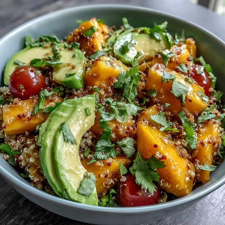 Colorful quinoa salad bursting with tropical mango, creamy avocado, and fresh cilantro, served with a refreshing lime and cumin dressing.
