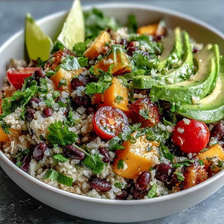 Colorful fiesta bowls featuring tropical mango, black beans, and brown rice, topped with avocado and cilantro for a fresh, satisfying dish.  