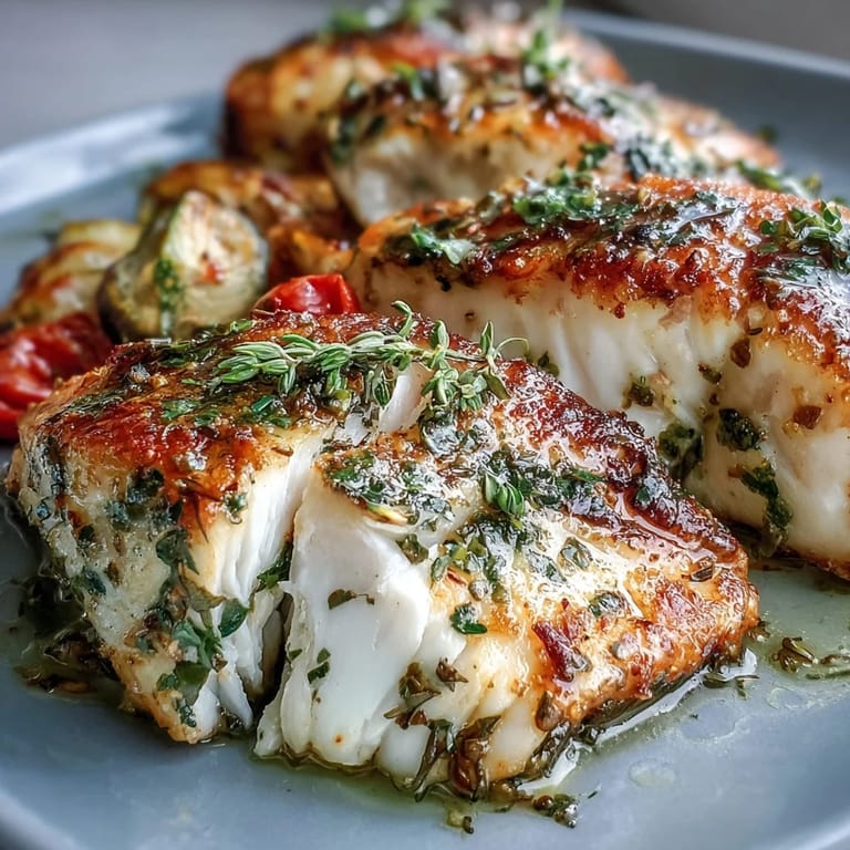 Colorful baked tilapia with fresh zucchini, cherry tomatoes, and aromatic garlic herb sauce on a single sheet pan.  