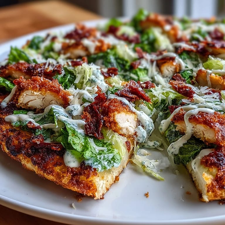 Savory chicken crust pizza loaded with Caesar salad, Parmesan shavings, and a drizzle of creamy dressing.