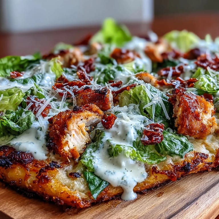 Golden-brown chicken crust layered with crisp romaine, creamy Caesar dressing, and vibrant sun-dried tomatoes.  