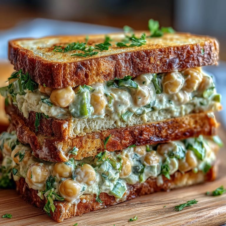 Wholesome chickpea salad sandwich with parsley, onion, and creamy dressing, perfect for quick vegan lunches or picnics.