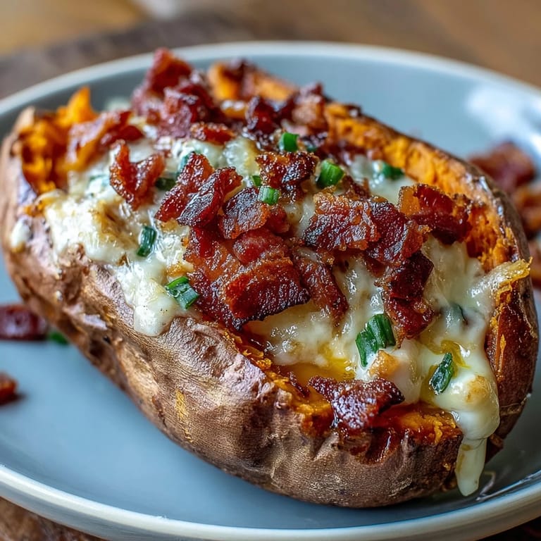 Nutritious breakfast sweet potatoes loaded with bacon, cheddar, and perfectly cooked eggs, finished with a sprinkle of fresh scallions for added flavor.