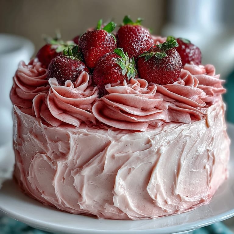 Delicious vanilla cake with rich strawberry buttercream, elegantly decorated in pink shades for a Galentines party dessert.