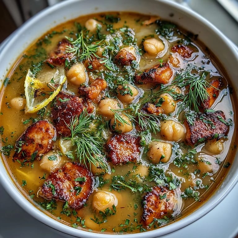 A rustic pot of hearty ham and chickpea soup, filled with tender vegetables, smoky ham, and bright lemon-dill flavor.  