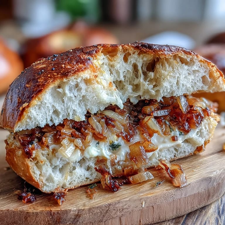 Golden sautéed onions crown these tangy sourdough bagels, offering a flavorful twist on classic bakery fare.