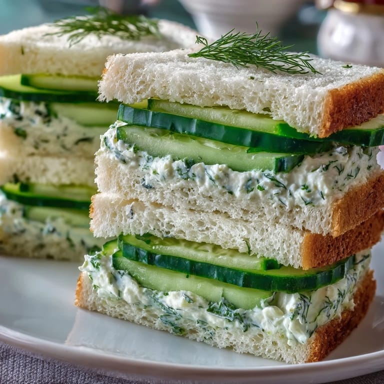 Delicate cucumber tea sandwiches layered with fresh herbs and creamy spread, served on a vintage tray for a charming presentation.  