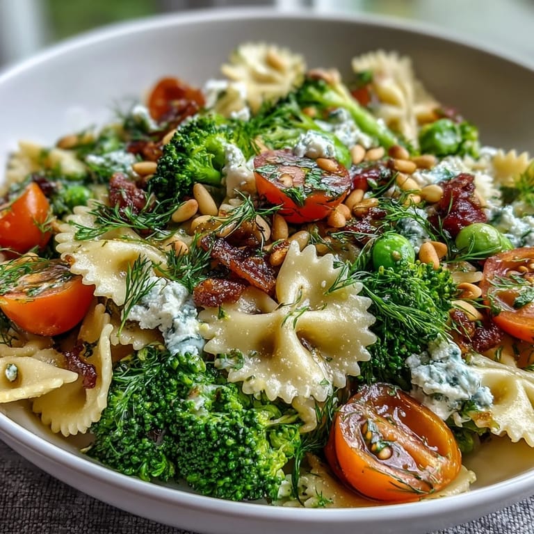 Fresh Spring Garden Pasta Salad with Broccoli and Peas - colorful fusilli tossed with crisp broccoli, sweet peas, cherry tomatoes, and creamy feta in a tangy lemon dressing.