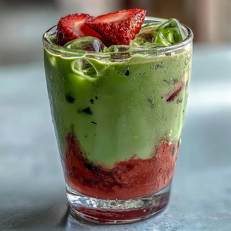 Refreshing summer drink featuring homemade strawberry syrup, matcha, and creamy vanilla topping over ice cubes.  