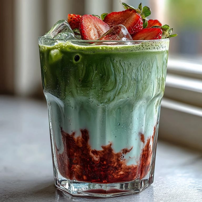 Layered iced matcha latte with strawberry puree base, vanilla sweet cream, and earthy matcha for a colorful treat.
