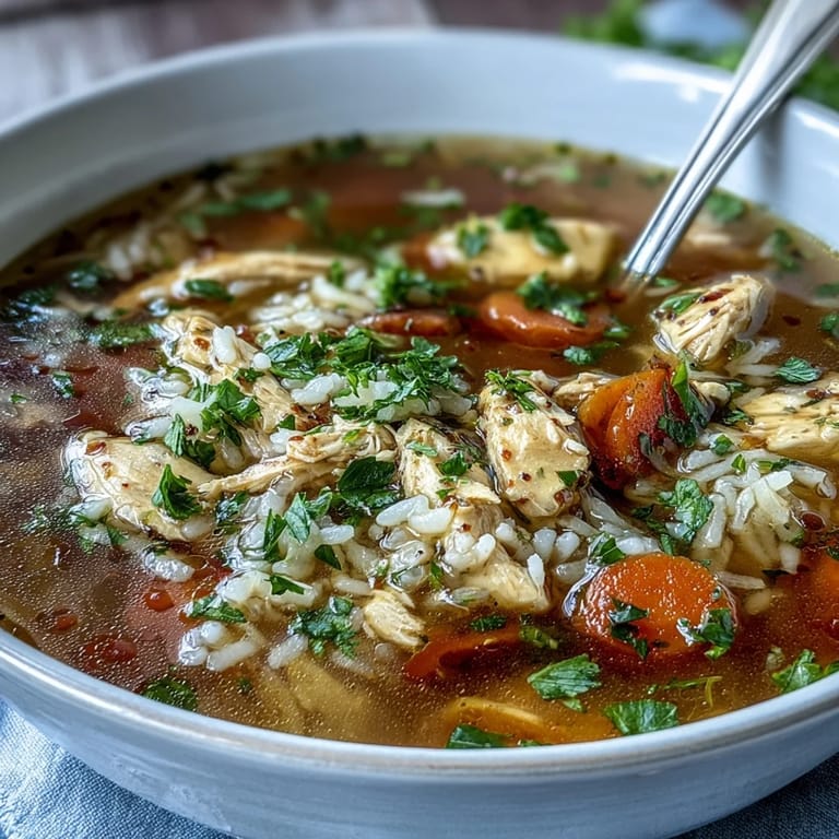 Comforting bowl of healthy chicken and rice soup featuring juicy chicken, vibrant vegetables, and aromatic herbs.  