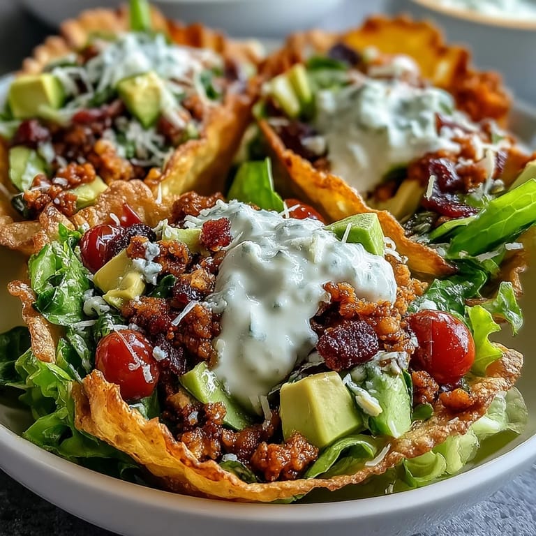 Wholesome taco salad bowls filled with lean turkey, black beans, and crisp lettuce, topped with avocado and a tangy Greek yogurt ranch drizzle.