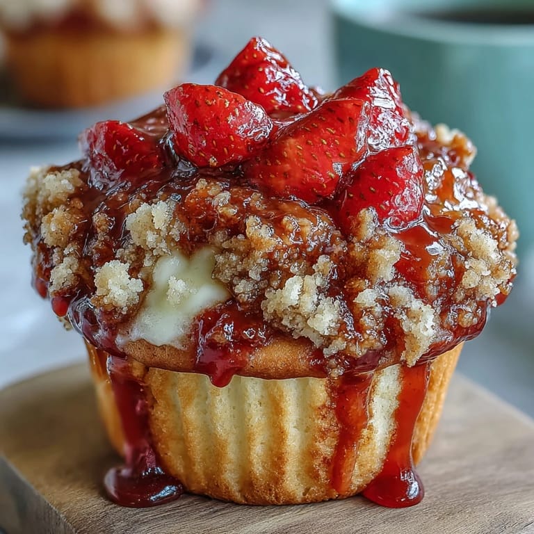 Fluffy strawberry muffins crowned with a sweet, crumbly streusel, offering a delightful mix of soft crumb and crunchy topping in every bite.