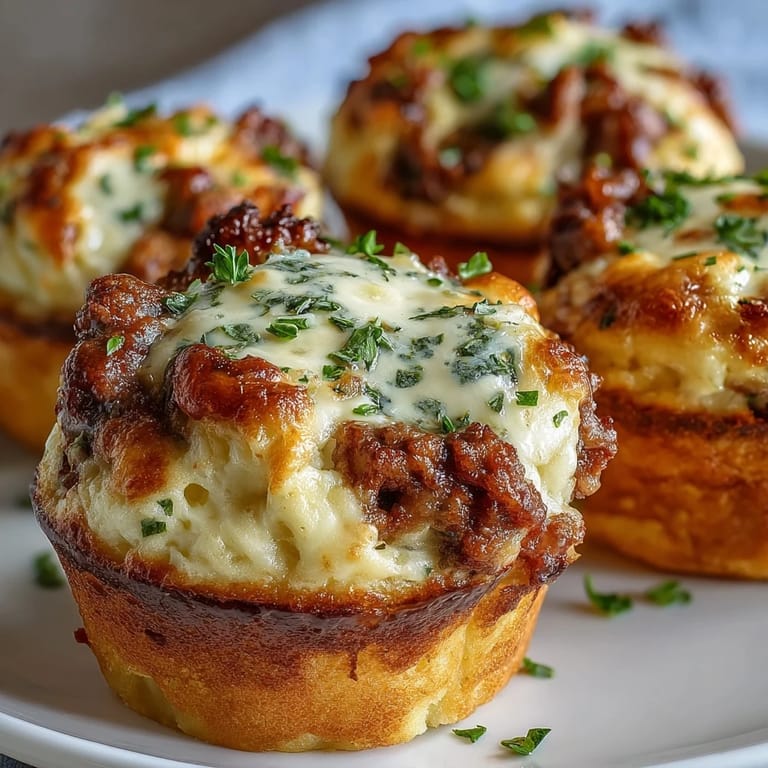 Savory comfort food bites: rich meat and vegetable filling baked under a layer of buttery mashed potatoes in muffin cups.  