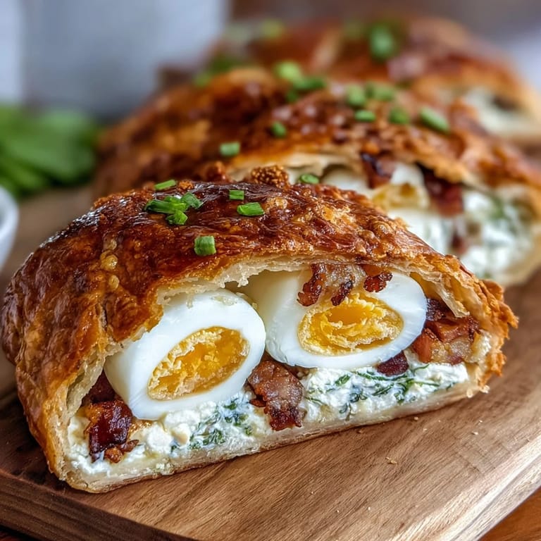Festive Easter Savory Pie with Hard-Boiled Eggs and Ham, featuring a cross-section of whole eggs nestled in a rich ricotta and ham filling, baked to golden perfection.