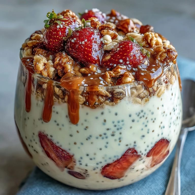 Creamy strawberry overnight oats layered with chia seeds and granola, perfect for a healthy, make-ahead breakfast.