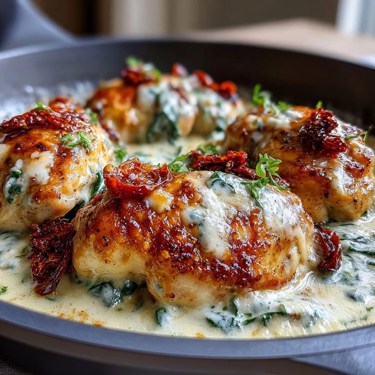 Hearty Creamy Tuscan Chicken Skillet, featuring juicy chicken in a silky garlic cream sauce with sun-dried tomatoes and fresh basil.
