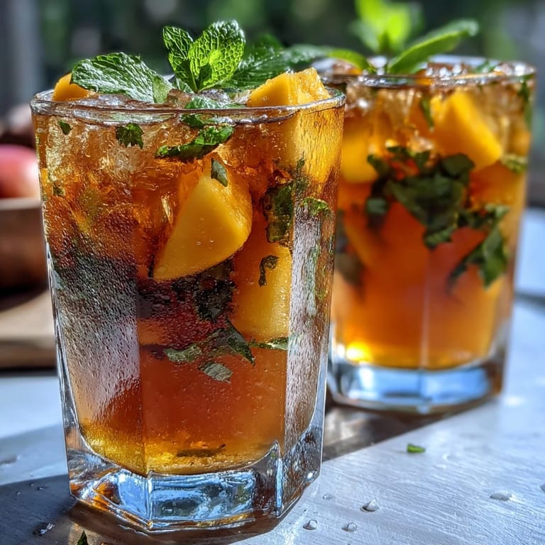 Refreshing Mango Peach Iced Tea with Mint: sweet mango and peach flavors, ice-cold with a sprig of mint for aroma.