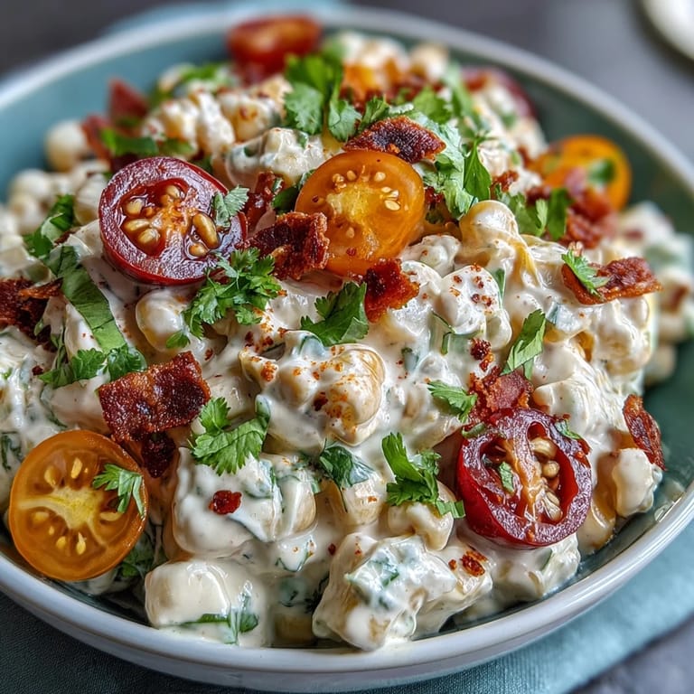 Vibrant Creamy Corn Salad with Jalapeño, packed with colorful vegetables and a tangy, creamy lime-cumin dressing.  