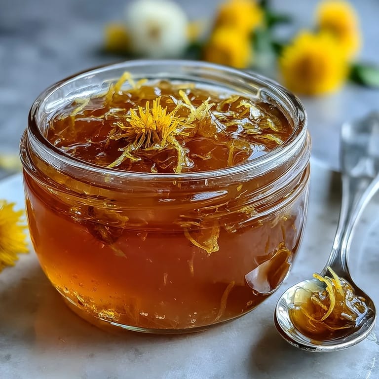 Homemade dandelion jelly with lemon and honey, glistening in a glass jar beside fresh blossoms.