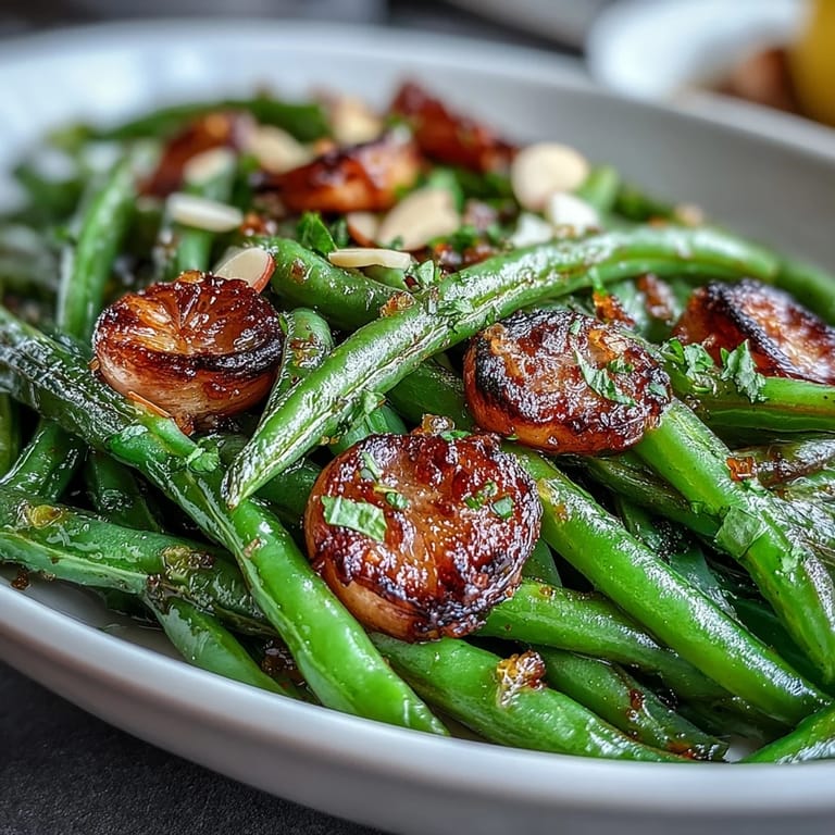 Golden roasted green beans with caramelized garlic, finished with lemon zest for a bright and flavorful vegetable side.