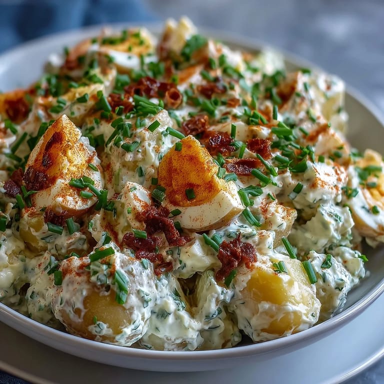 Tangy deviled egg potato salad featuring chopped eggs, celery, and a smoky paprika-mustard dressing.