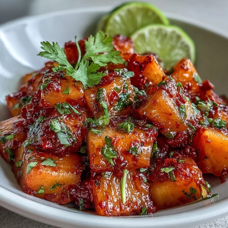 Colorful mango and pineapple cups tossed with lime and chili-lime seasoning, a bright vegan snack or dessert.