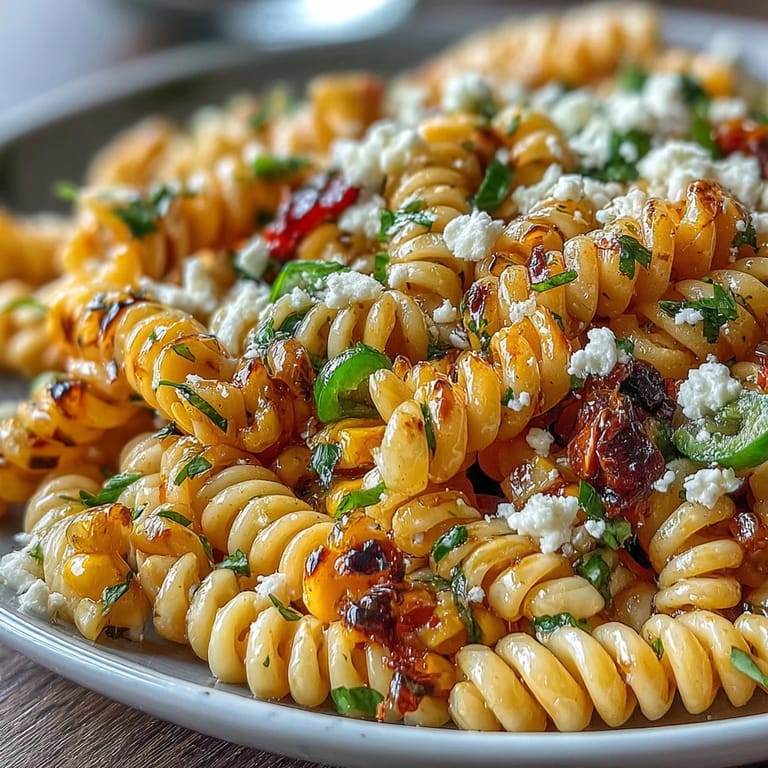 Mexican-inspired elote pasta with smoky paprika, fresh cilantro, diced red bell pepper, and crumbled cotija cheese.