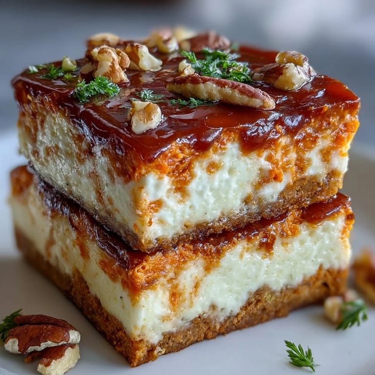 Moist carrot cake meets creamy cheesecake in these irresistible bars, swirled together and baked to golden perfection for a festive dessert.