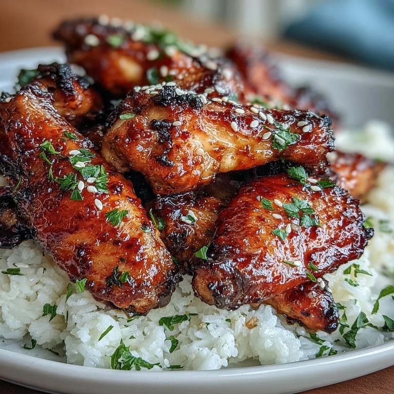 Crispy baked chicken wings tossed in a honey garlic glaze, plated over buttery rice for a hearty meal.