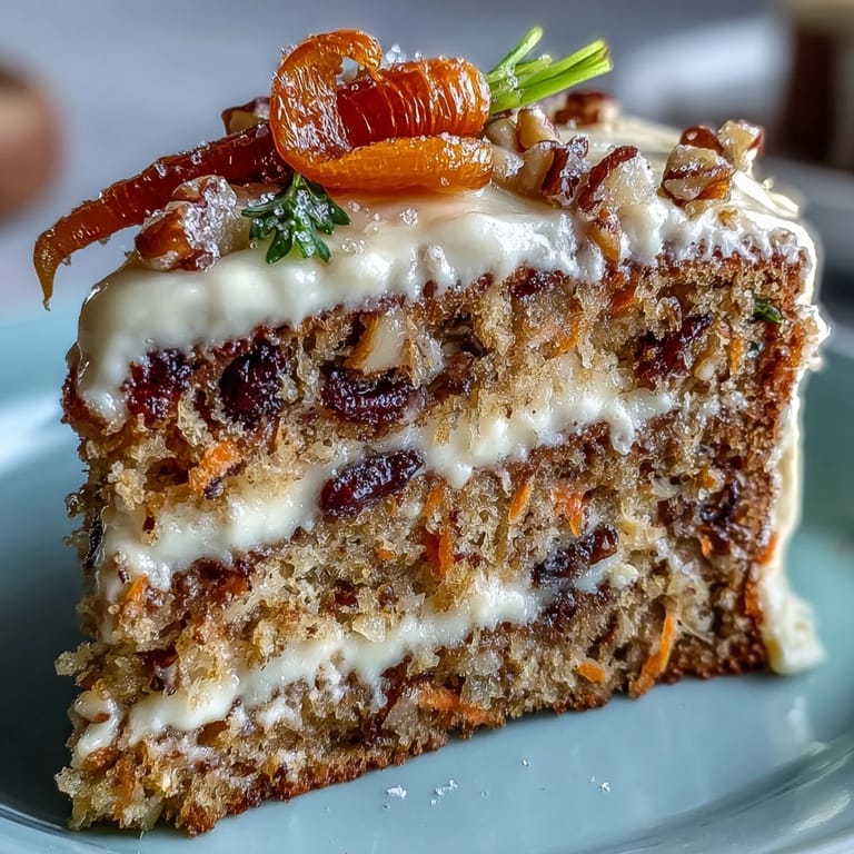 Moist and spiced carrot cake filled with cream cheese frosting, garnished with elegant candied carrot curls for Easter.