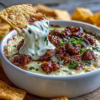 Cinco de Mayo Loaded Queso Dip with spicy chorizo and fresh pico de gallo, served bubbling hot with crunchy tortilla chips.  