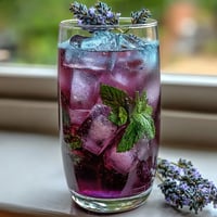 A tall glass of iced lavender lemonade with fresh mint, garnished with lemon slices and mint sprigs.