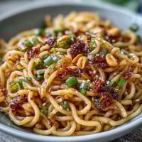 Spicy Chili Crisp Noodles with Garlic and Scallions in a steaming bowl, garnished with roasted peanuts and fresh green onions for bold flavor.