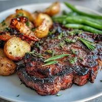 Juicy Father's Day Steak and Potato Sheet Pan Dinner hot from the oven.